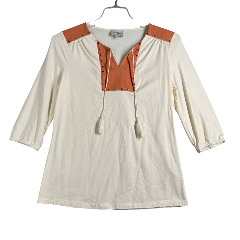 Haute Hippie Tunic Top Studded Trim 3/4 Sleeve Boho Chic Blouse Neutral Women XS